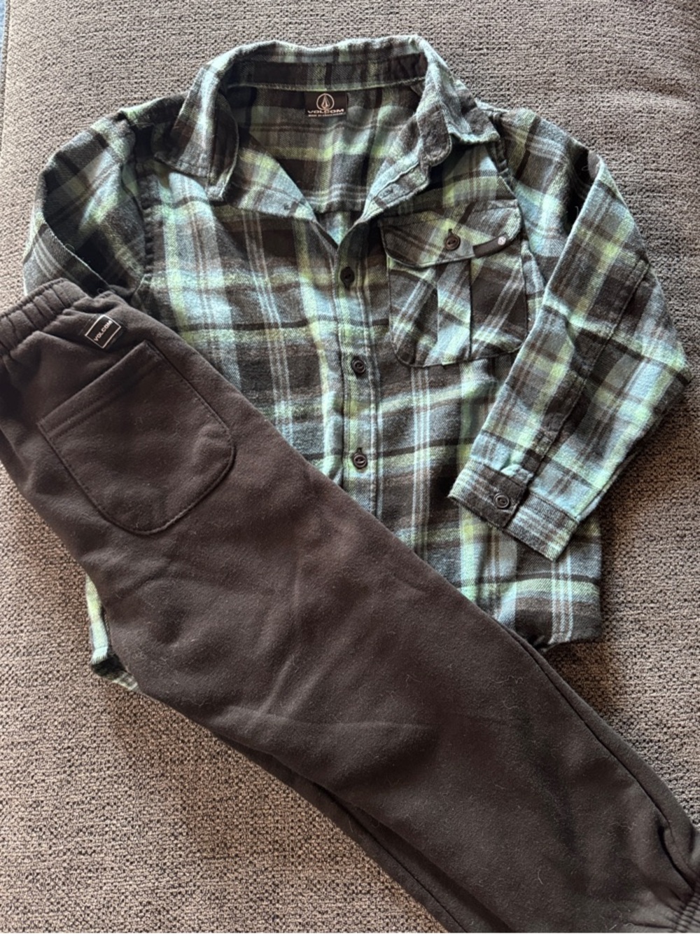 Volcom Green Plaid Flannel Top with Brown Pajama Pants